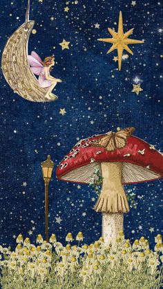 an illustration of a mushroom with a fairy sitting on it's top and the moon above