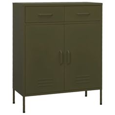 a green cabinet with two doors and one drawer