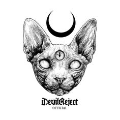 a drawing of a cat's face with the moon in the background and words devilderet official on it