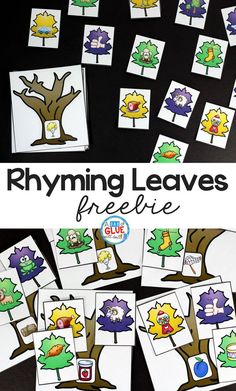 the rhyming leaves freebie game is shown with pictures of trees and birds