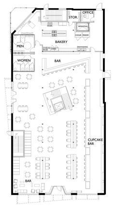 the floor plan for a restaurant with seating and kitchen areas, including an open dining area