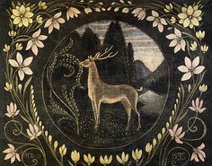 an image of a deer in the woods with flowers on it's border, surrounded by leaves and vines