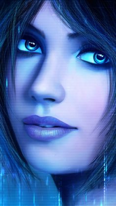 a woman's face with blue eyes and black hair is shown in this artistic photo