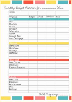 the printable budget planner for moms is shown in red, yellow and blue