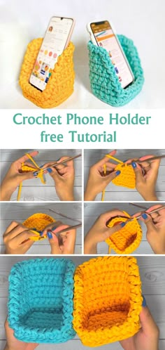 the crochet phone holder is made with yarn