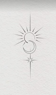 the letter e is drawn in black ink on white paper with a cross and sun behind it