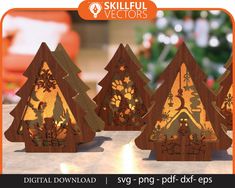 three wooden christmas trees on a table with the text, digital download svg png - png - dxf eps