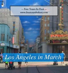 an advertisement for the los angeles in march festival with people walking and riding bikes on the street