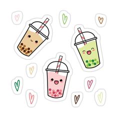 three drinks stickers with faces and hearts around them on a white background, all in different colors