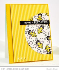 a card with a bee on it and the words, thanks a buzz - lion