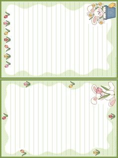 two blank papers with flowers and bunny on them, one is lined in green paper