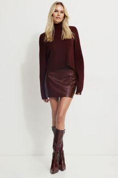 Kylie Faux Leather Mini Skirt Burgundy Band Tee Leather Skirt, Mini Skirts Fall Outfits, Burgundy Faux Leather Skirt Outfit, Brown Suede Mini Skirt Outfit, Autumn 24 Fashion, All Burgundy Outfit, Burgundy Mini Skirt Outfit, Maroon Leather Skirt Outfit, Outfits With Leather Skirt