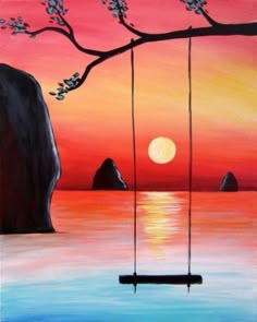 a painting of a sunset with a swing in the water