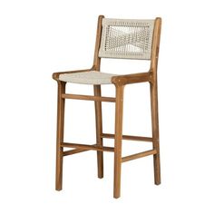 a wooden and wicker bar stool with a white cushion on the backrests