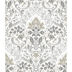 a white and grey wallpaper with an ornate design on it's side,