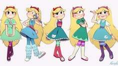 four cartoon girls with blonde hair and blue dresses are standing in front of each other