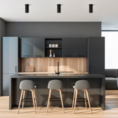 three stools are in front of the kitchen island