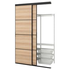 an open closet with drawers and shelves on the bottom floor, in front of a white background