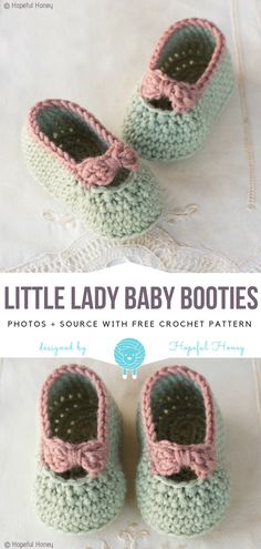 two crocheted baby booties are shown with the title, little lady baby boots free crochet pattern