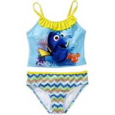 Your little one will love the way she looks while she's splashing around in the pool or having an adventure on the beach in this girls' two-piece tankini based on the Pixar animated film Finding Dory. The tank top has a large graphic on the front with Nemo and Dory, as well as an adorable ruffle under the scoop neckline, while the bikini bottom has a colorful fish pattern printed all over. This officially licensed Finding Dory swimsuit is a superb addition to her swimwear wardrobe. Size: 6/6X. Finding Dory Movie, Disney Finding Dory, Tankini Swimsuit, Finding Dory, Swimwear Tankini, 2 Piece Swimsuits, Swim Tankini, Tankini Set, Tankini Swimsuits