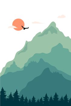 a bird flying over the top of a mountain with trees on it's sides