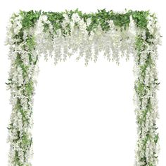 an arrangement of white flowers and greenery on a white background with space for text