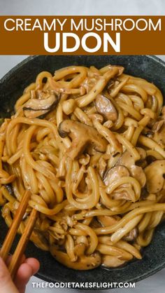 a hand holding chopsticks over a bowl of creamy mushroom udon