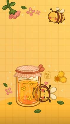 an animated image of a honey jar with bees flying around it