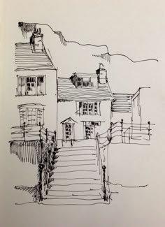 a drawing of a house with stairs leading up to it