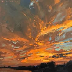 an oil painting of a sunset over water