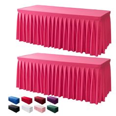 two tables covered in pink tablecloths with different colors on each side and the same color