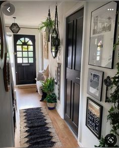 an entry way with plants and pictures on the wall