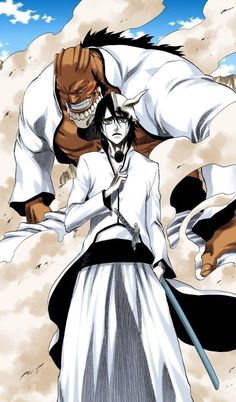 an anime character in white and black clothes with two hands on his hips, while another man