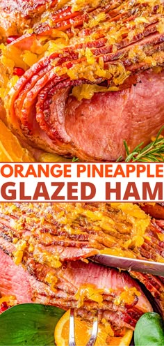 an orange pineapple glazed ham on a platter