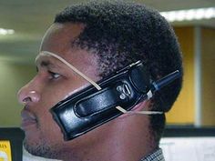 three different shots of a man with a cell phone strapped to his head and wearing a headset