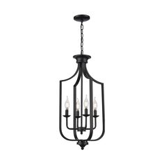 a black chandelier with five lights hanging from the front and back ends, on an isolated white background