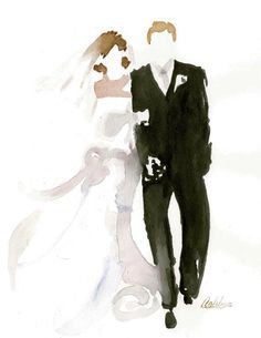 a watercolor painting of two people dressed in black and white, standing next to each other