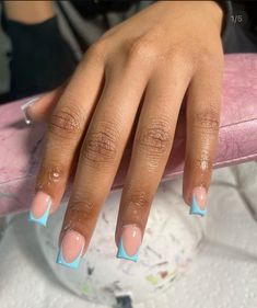 Teal French Tip Nail Designs, Baby Blue Short Square Nails, Pink Nails With Blue Tips, Blue Fresh Tip Nails, Nails Short Acrylic Blue, Different Shades Of Blue French Tips, Simple Short Blue Nails, Short French Tip Acrylic Nails Blue, Blue On Blue French Tip Nails