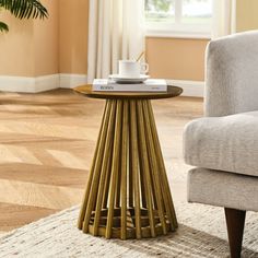 a living room with a chair, coffee table and rug