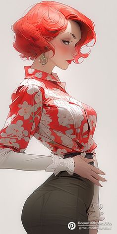 a woman with red hair is wearing a floral top