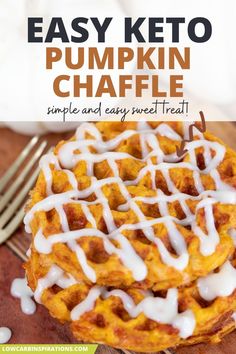 an easy keto pumpkin waffle with white icing on top