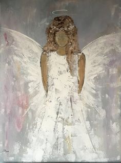 an angel painting with white wings on a gray and pink background is featured in this image