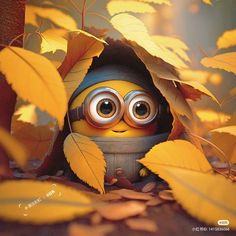 a minion peeking out from behind some leaves