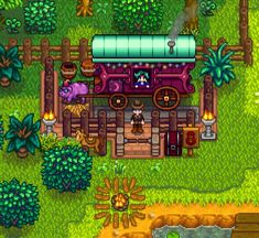 the game is shown with an animal and train in front of trees, bushes, and water