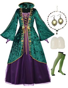 a woman in a green and purple dress next to some accessories on a white background