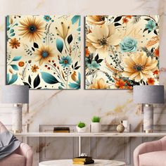 two floral paintings on the wall in a living room