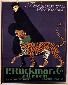 an old poster with a woman and a leopard on it's back, in front of a black background