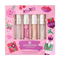 Essence Extreme Shine Volume Lipgloss Gift Set Holiday Favorite in quality box RARE Brand-new, mint condition, fresh product, SOLD OUT IN STORES  PERFECT HOLIDAY GIFT: Get in the holiday spirit with the Extreme Shine Volume Lipgloss Gift Set from essence. Whether treating yourself or gifting to a beauty loving bestie, this is the perfect gift to complete any holiday look! EXTREME SHINE: The essence extreme shine volume lipgloss gives your lips the ultimate sheen and natural glow. The super smooth, improved texture promises maximum volume, extreme plumping, and carbon neutral packaging! 4 SHADES: This gift set features 4 unique and universally flattering shades so there is a shade for everyone! This set includes shades 01 | Crystal Clear, 02 | Summer Punch, 08 | Gold Dust and 101 | Milky Wa Essence Extreme Shine, Color Changing Lipstick, Hydrating Lip Gloss, Essence Cosmetics, Lip Gloss Set, Cruelty Free Brands, Fragrance Set, Amazon Beauty Products, Makeup Gift