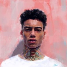 a painting of a young man with tattoos on his neck and chest, in front of a pink background