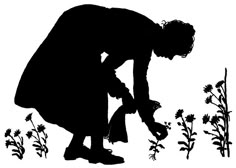 a silhouette of a woman picking flowers in the grass with her hands, while she is bending down to pick them up